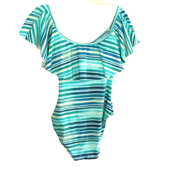 Vince Camuto Azure Blue Ruffle Off-the-Shoulder Striped One Piece Swimsuit 6 NWT - Picture 3 of 4